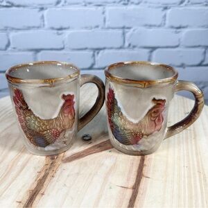 Vtg Otagiri Style Colorful Rooster Coffee Mugs Set Of 2 Cottagecore Farmhouse